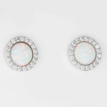 (ST226W) Rhodium Plated Sterling Silver White Round Created Opal And CZ Stud Earrings - 10X10mm