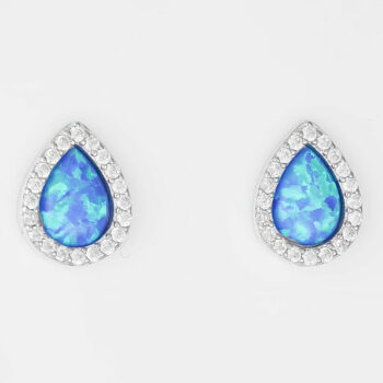 (ST260B) Rhodium Plated Sterling Silver Blue Pear Created Opal And CZ Stud Earrings - 10X12mm