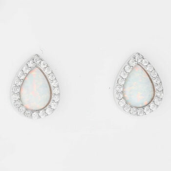 (ST260W) Rhodium Plated Sterling Silver White Pear Teardrop Created Opal And CZ Stud Earrings - 10X13mm