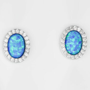 (ST261B) Rhodium Plated Sterling Silver Blue Oval Created Opal And CZ Stud Earrings - 10X12mm