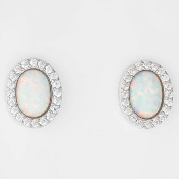 (ST261W) Rhodium Plated Sterling Silver White Oval Created Opal And CZ Stud Earrings - 10X12mm