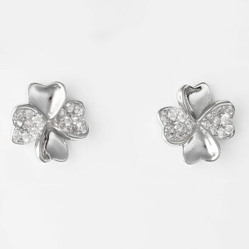 (ST263) Rhodium Plated Sterling Silver Plated 4 Leaf Clover CZ Stud Earrings