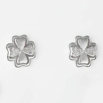 (ST265) Rhodium Plated Sterling Silver Plated 4 Leaf Clover CZ Stud Earrings