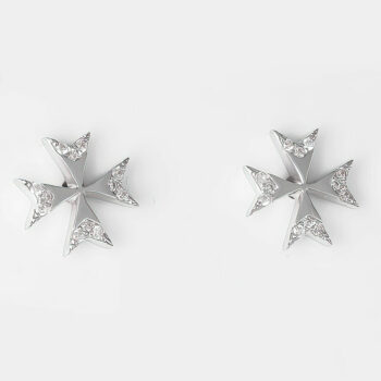 (ST266) Rhodium Plated Sterling Silver Semi Plain Maltese CZ Cross Stud Earrings