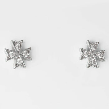 (ST268) Rhodium Plated Sterling Silver Pave Set Maltese Cross CZ Stud Earrings