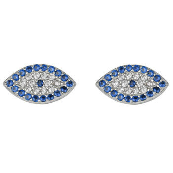 (ST281) Rhodium Plated Sterling Silver Blue Evil Eye CZ Stud Earrings