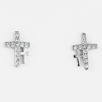 (ST283) Rhodium Plated Sterling Silver Cross CZ Stud Earrings