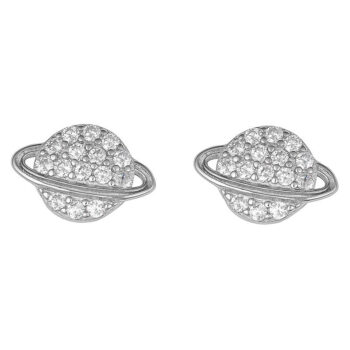 (ST288) Rhodium Plated Sterling Silver Planet Studs CZ Stud Earrings