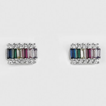 (ST292) Rhodium Plated Sterling Silver Multi Colour Rainbow Rectangle CZ Stud Earrings