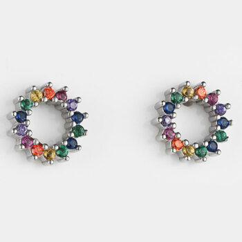 (ST294) Rhodium Plated Sterling Silver Multi Colour Rainbow Round Circle Stud Earrings