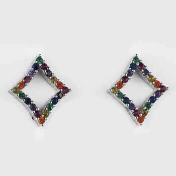 (ST295) Rhodium Plated Sterling Silver Multi Colour Rainbow Stud Earrings