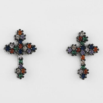(ST296) Rhodium Plated Sterling Silver Multi Colour CZ Cross Stud Earrings