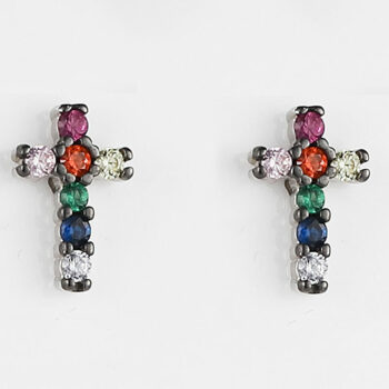(ST299) Rhodium Plated Sterling Silver Multi Colour Rainbow CZ Cross Stud Earrings
