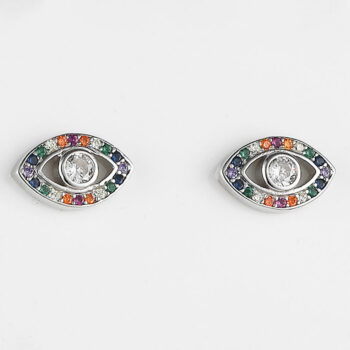 (ST300) Rhodium Plated Sterling Silver Multi Colour Rainbow Evil Eye Stud Earrings
