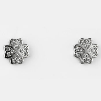 (ST321) Rhodium Plated Sterling Silver Four Leaf Clower CZ Stud Earrings