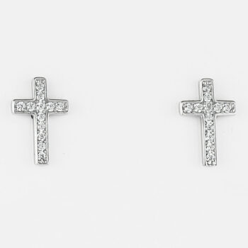 (ST336) Rhodium Plated Sterling Silver Cross CZ Stud Earrings