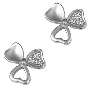 (ST340) Rhodium Plated Sterling Silver Three Leaf Flow CZ Stud Earrings