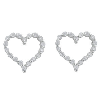 (ST344) Rhodium Plated Sterling Silver Heart CZ Stud Earrings