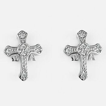 (ST345) Rhodium Plated Sterling Silver Cross CZ Stud Earrings