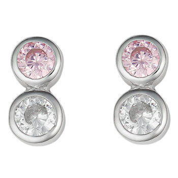 (ST351) Rhodium Plated Sterling Silver Small Round Pink And Clear CZ Stud Stud Earrings