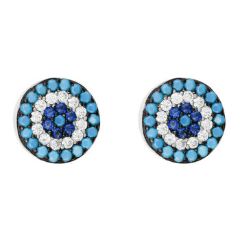 (ST352) Rhodium Plated Sterling Silver Blue Turquoise Round CZ Evil Eye Stud Earrings