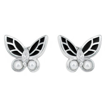 (ST386) Rhodium Plated Sterling Silver Butterfly with Black Enamel CZ and Pearls
