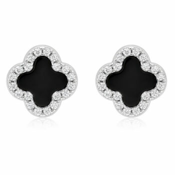 (ST661) Sterling Silver Rhodium Plated Four-Leaf Clover with CZ Stud Earrings