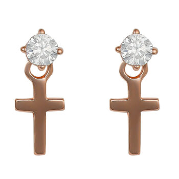 (STB07R) Rose Plated Sterling Silver Cross And CZ Stud Earrings With Ball Screw Back
