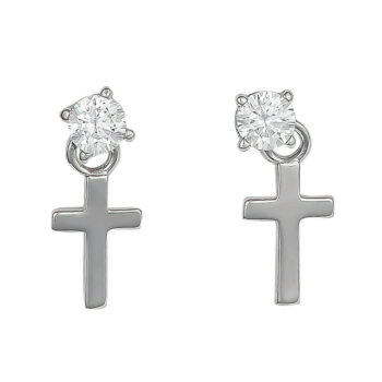 (STB07W) Rhodium Plated Sterling Silver Cross And CZ Stud Earrings With Ball Screw Back