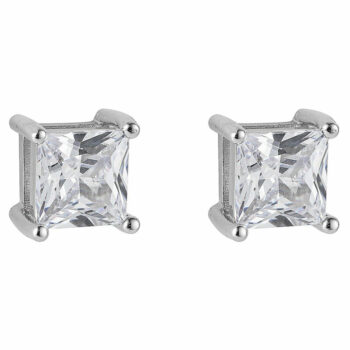 (STS24) Rhodium Plated Sterling Silver Square Princess Cut Four Claw CZ Stud Earrings