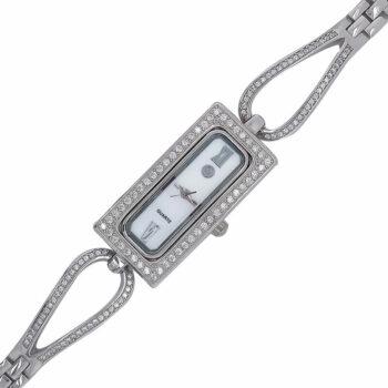 (WAT01) Rectangle CZ Rhodium Plated Sterling Silver Watch - 17x34mm