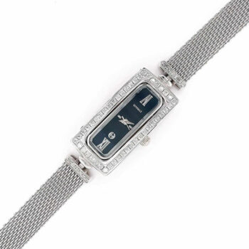 (WAT07) Rectangle Rhodium Plated Sterling Silver Watch With Mesh Band - 17x35mm