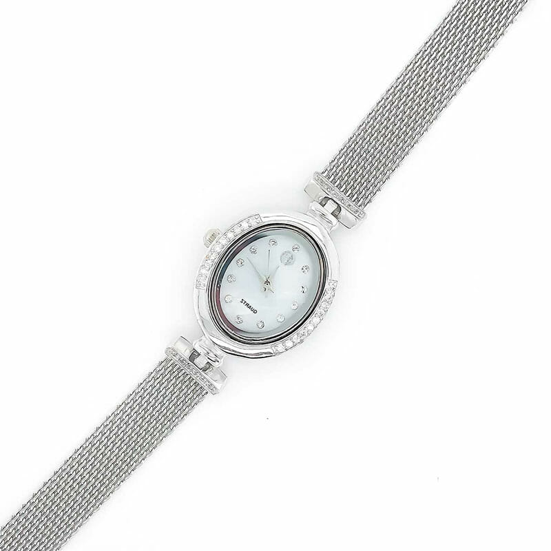 (WAT10) MOP Oval Face Rhodium Plated Sterling Silver Watch With Mesh ...