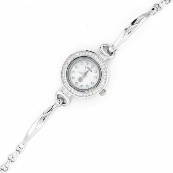 (WAT11) MOP Round Rhodium Plated Sterling Silver Watch With Adjustable Band - 24x24mm