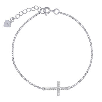 (BR594) Rhodium Plated Sterling Silver CZ Cross Bracelet