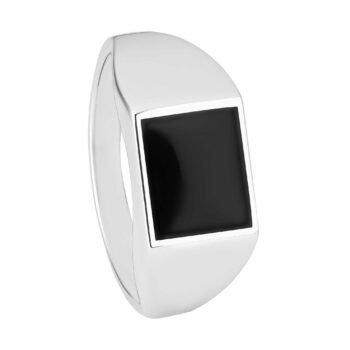 (MR192) Rhodium Plated Sterling Silver Men's Ring With Black Enamel