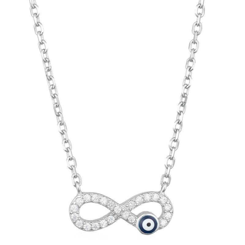 (NP318) Rhodium Plated Sterling Silver Blue Evil Eye Infinity Necklace - 42+3cm