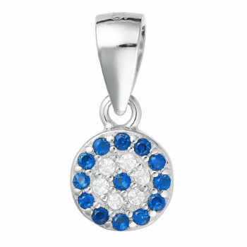 (P397) 6.5mm Rhodium Plated Sterling Silver Round Blue Evil Eye Pendant