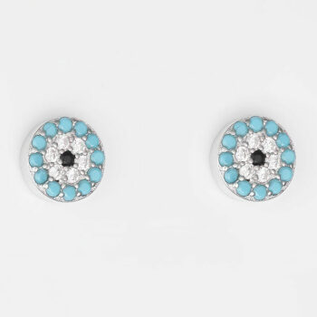 (ST225T) 6.5mm Rhodium Plated Sterling Silver Turquiose Blue Round Evil Eye CZ Stud Earrings